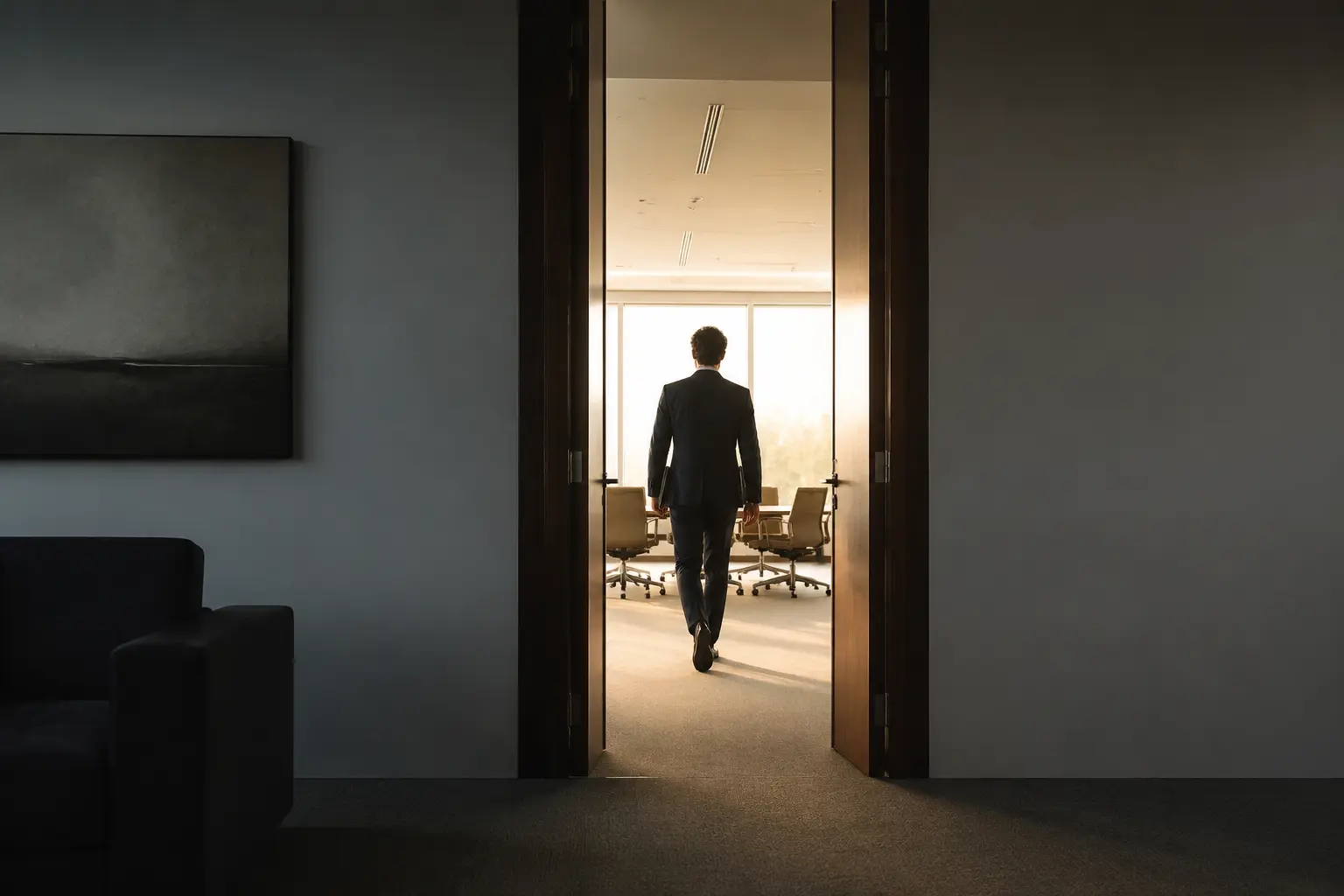 An anonymous professional entering a bright briefing room