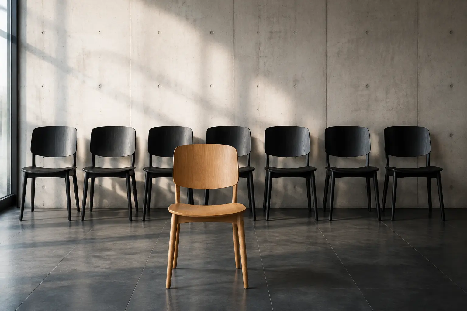 One chair placed forward from an orderly row